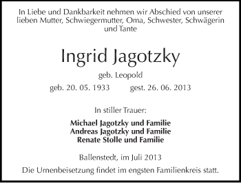 Traueranzeige von Ingrid Jagotzky von Mitteldeutsche Zeitung Quedlinburg
