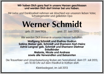 Traueranzeige von Werner Schmidt von Mitteldeutsche Zeitung Köthen