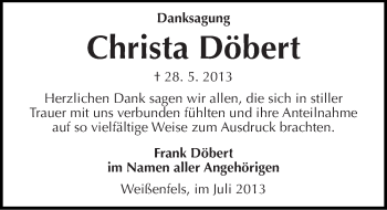 Traueranzeige von Christa Döbert von Mitteldeutsche Zeitung Weißenfels
