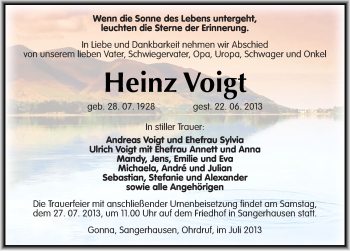 Traueranzeige von Heinz Voigt von Mitteldeutsche Zeitung Sangerhausen