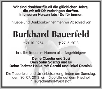 Traueranzeige von Burkhard Bauerfeld von Mitteldeutsche Zeitung Mansfelder Land