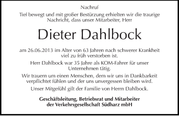 Traueranzeige von Dieter Dahlbock von Mitteldeutsche Zeitung Mansfelder Land