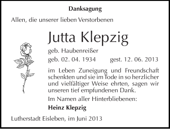 Traueranzeige von Jutta Klepzig von Mitteldeutsche Zeitung Mansfelder Land