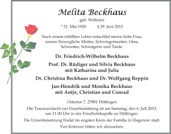 Traueranzeige von Melita Beckhaus von Mitteldeutsche Zeitung Merseburg/Querfurt
