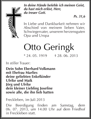 Traueranzeige von Otto Geringk von Mitteldeutsche Zeitung Aschersleben