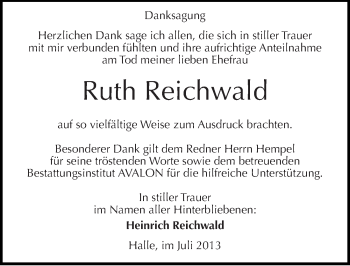 Traueranzeige von Ruth Reichwald von Mitteldeutsche Zeitung Halle/Saalkreis