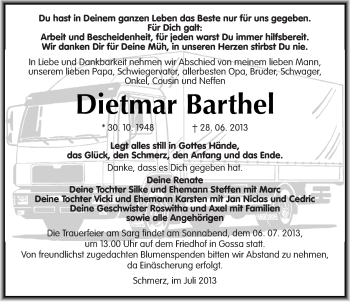 Traueranzeige von Dietmar Barthel von Mitteldeutsche Zeitung Bitterfeld