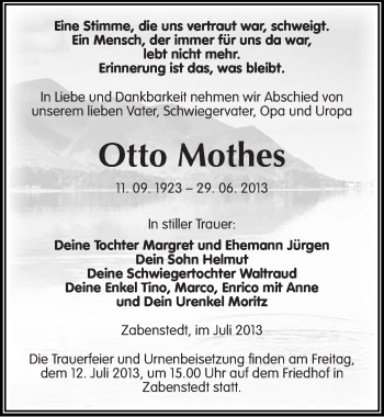 Traueranzeige von Otto Mothes von Mitteldeutsche Zeitung Mansfelder Land