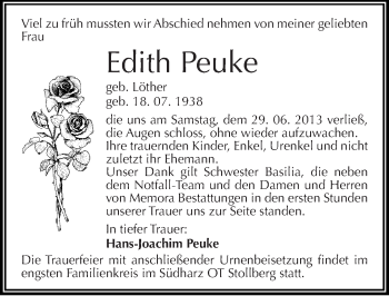 Traueranzeige von Edith Peuke von Mitteldeutsche Zeitung Halle/Saalkreis