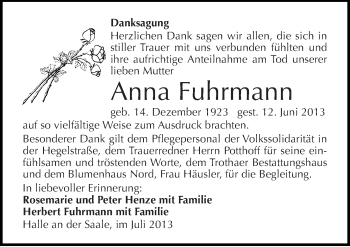 Traueranzeige von Anna Fuhrmann von Mitteldeutsche Zeitung Halle/Saalkreis