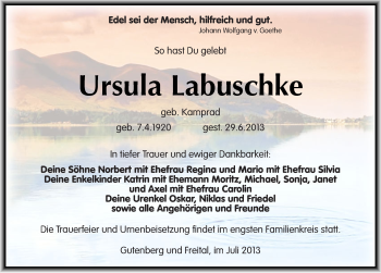 Traueranzeige von Ursula Labuschke von Mitteldeutsche Zeitung Halle/Saalkreis