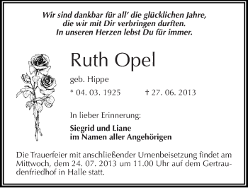 Traueranzeige von Ruth Opel von Mitteldeutsche Zeitung Halle/Saalkreis