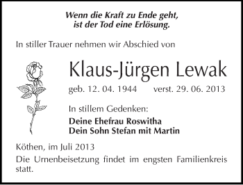 Traueranzeige von Klaus-Jürgen Lewak von Mitteldeutsche Zeitung Köthen
