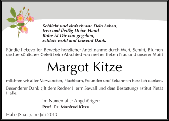 Traueranzeige von Margot Kitze von Mitteldeutsche Zeitung Halle/Saalkreis