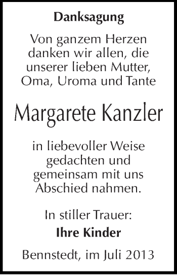 Traueranzeige von Margarete Kanzler von Mitteldeutsche Zeitung Halle/Saalkreis