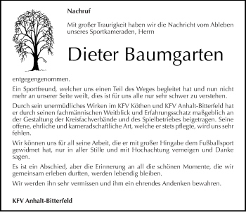 Traueranzeige von Dieter Baumgarten von Mitteldeutsche Zeitung Köthen