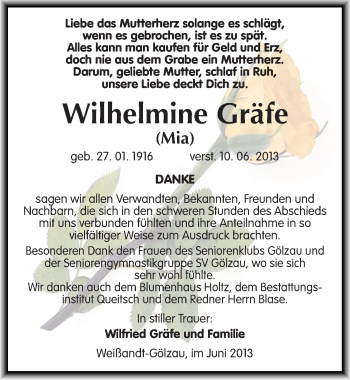 Traueranzeige von Wilhelmine Gräfe von Mitteldeutsche Zeitung Köthen