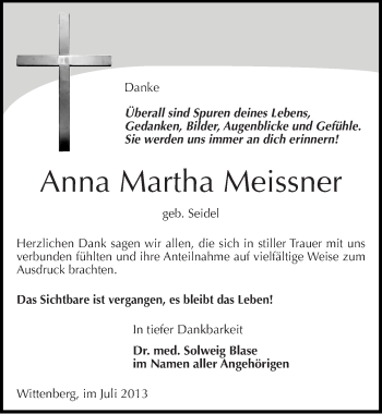 Traueranzeige von Anna Martha Meissner von Mitteldeutsche Zeitung Wittenberg
