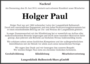 Traueranzeige von Holger Paul von Mitteldeutsche Zeitung Quedlinburg