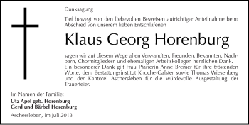 Traueranzeige von Klaus Georg Horenburg von Mitteldeutsche Zeitung Aschersleben