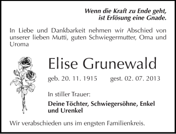 Traueranzeige von Elise Grunewald von Mitteldeutsche Zeitung Halle/Saalkreis