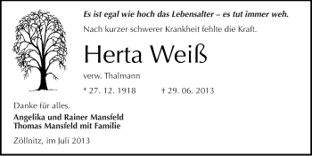 Traueranzeige von Herta Weiß von Mitteldeutsche Zeitung Merseburg/Querfurt