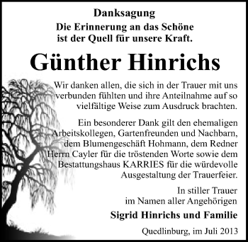 Traueranzeige von Günther Hinrichs von Mitteldeutsche Zeitung Quedlinburg