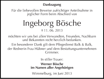 Traueranzeige von Ingeborg Bösche von Mitteldeutsche Zeitung Mansfelder Land