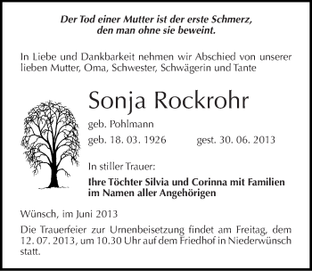 Traueranzeige von Sonja Rockrohr von Mitteldeutsche Zeitung Merseburg/Querfurt