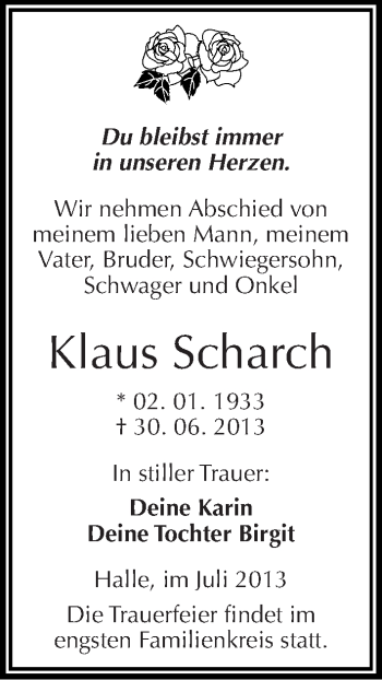 Traueranzeige von Klaus Scharch von Mitteldeutsche Zeitung Halle/Saalkreis