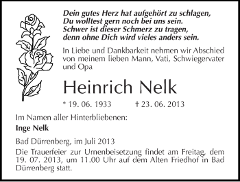 Traueranzeige von Heinrich Nelk von Mitteldeutsche Zeitung Merseburg/Querfurt
