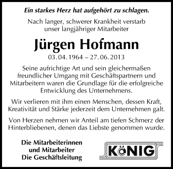 Traueranzeige von Jürgen Hofmann von Mitteldeutsche Zeitung Halle/Saalkreis