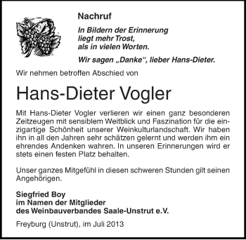 Traueranzeige von Hans-Dieter Vogler von Mitteldeutsche Zeitung Naumburg/Nebra