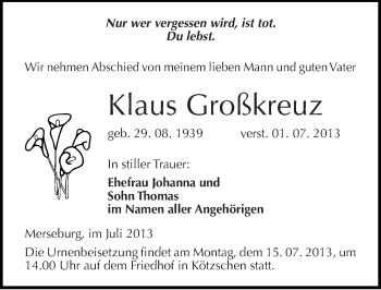 Traueranzeige von Klaus Großkreuz von Mitteldeutsche Zeitung Merseburg/Querfurt