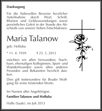 Traueranzeige von Maria Talanow von Mitteldeutsche Zeitung Halle/Saalkreis