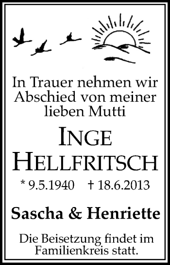 Traueranzeige von Inge Hellfritsch von Mitteldeutsche Zeitung Halle/Saalkreis