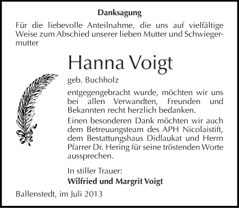 Traueranzeige von Hanna Voigt von Mitteldeutsche Zeitung Quedlinburg