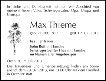 Traueranzeige von Max Thieme von Mitteldeutsche Zeitung Merseburg/Querfurt