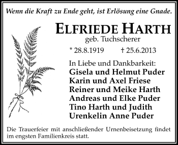 Traueranzeige von Elfriede Harth von Mitteldeutsche Zeitung Halle/Saalkreis
