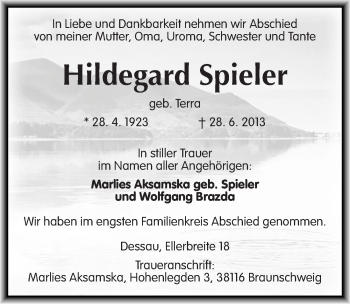 Traueranzeige von Hildegard Spieler von Mitteldeutsche Zeitung Dessau-Roßlau