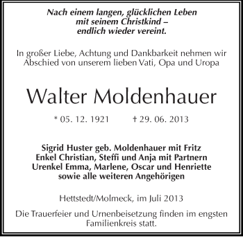 Traueranzeige von Walter Moldenhauer von Mitteldeutsche Zeitung Mansfelder Land