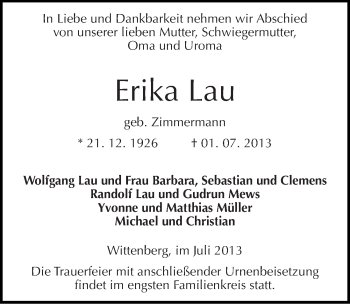 Traueranzeige von Erika Lau von Mitteldeutsche Zeitung Wittenberg