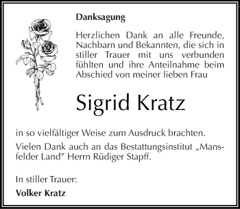 Traueranzeige von Sigrid Kratz von Mitteldeutsche Zeitung Mansfelder Land