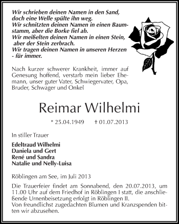 Traueranzeige von Reimar Wilhelmi von Mitteldeutsche Zeitung Mansfelder Land