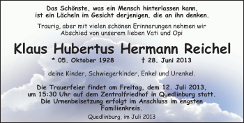 Traueranzeige von Klaus Hubertus Hermann Reichel von Mitteldeutsche Zeitung Quedlinburg