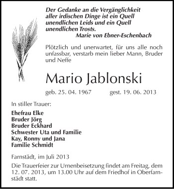Traueranzeige von Mario Jablonski von Mitteldeutsche Zeitung Merseburg/Querfurt