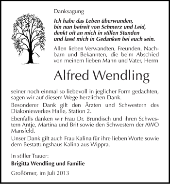 Traueranzeige von Alfred Wendling von Mitteldeutsche Zeitung Mansfelder Land