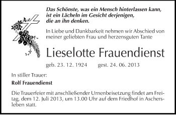 Traueranzeige von Lieselotte Frauendienst von Mitteldeutsche Zeitung Aschersleben