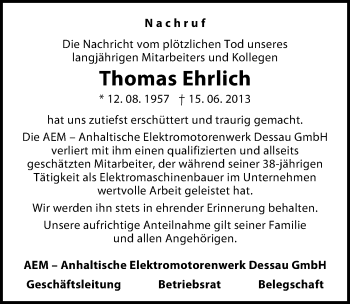 Traueranzeige von Thomas Ehrlich von Mitteldeutsche Zeitung Dessau-Roßlau