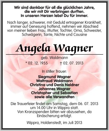 Traueranzeige von Angela Wagner von Mitteldeutsche Zeitung Aschersleben